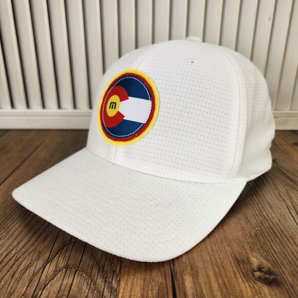 Travis Mathew Colorado Flag Patch FlexFit Sz L/XL Hat Cap White Golf Performance - Picture 1 of 11